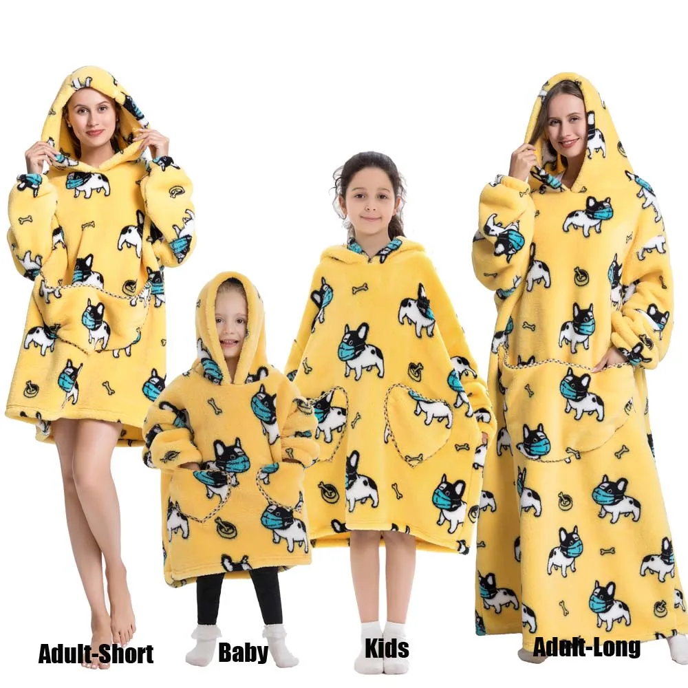 Winter Oversized Hoodies Sweatshirt Cute Cartoon Pizza Lion Panda Pullover Super Long Flannel Giant Lazy TV Blanket Pajamas