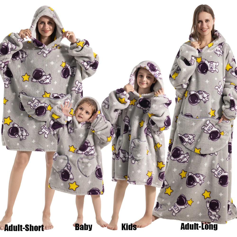 Winter Oversized Hoodies Sweatshirt Cute Cartoon Pizza Lion Panda Pullover Super Long Flannel Giant Lazy TV Blanket Pajamas