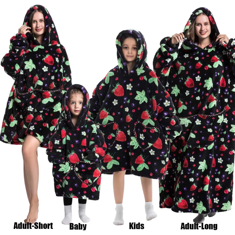 Winter Oversized Hoodies Sweatshirt Cute Cartoon Pizza Lion Panda Pullover Super Long Flannel Giant Lazy TV Blanket Pajamas