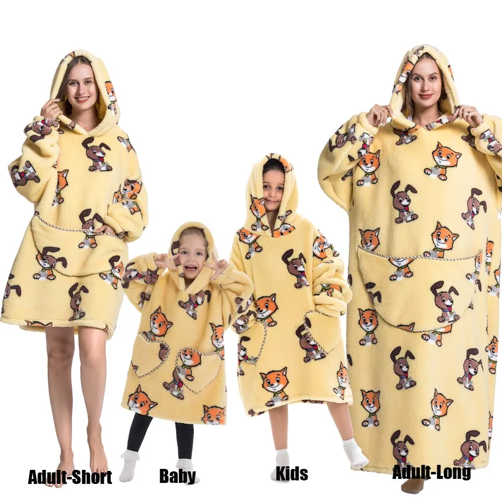 Winter Oversized Hoodies Sweatshirt Cute Cartoon Pizza Lion Panda Pullover Super Long Flannel Giant Lazy TV Blanket Pajamas