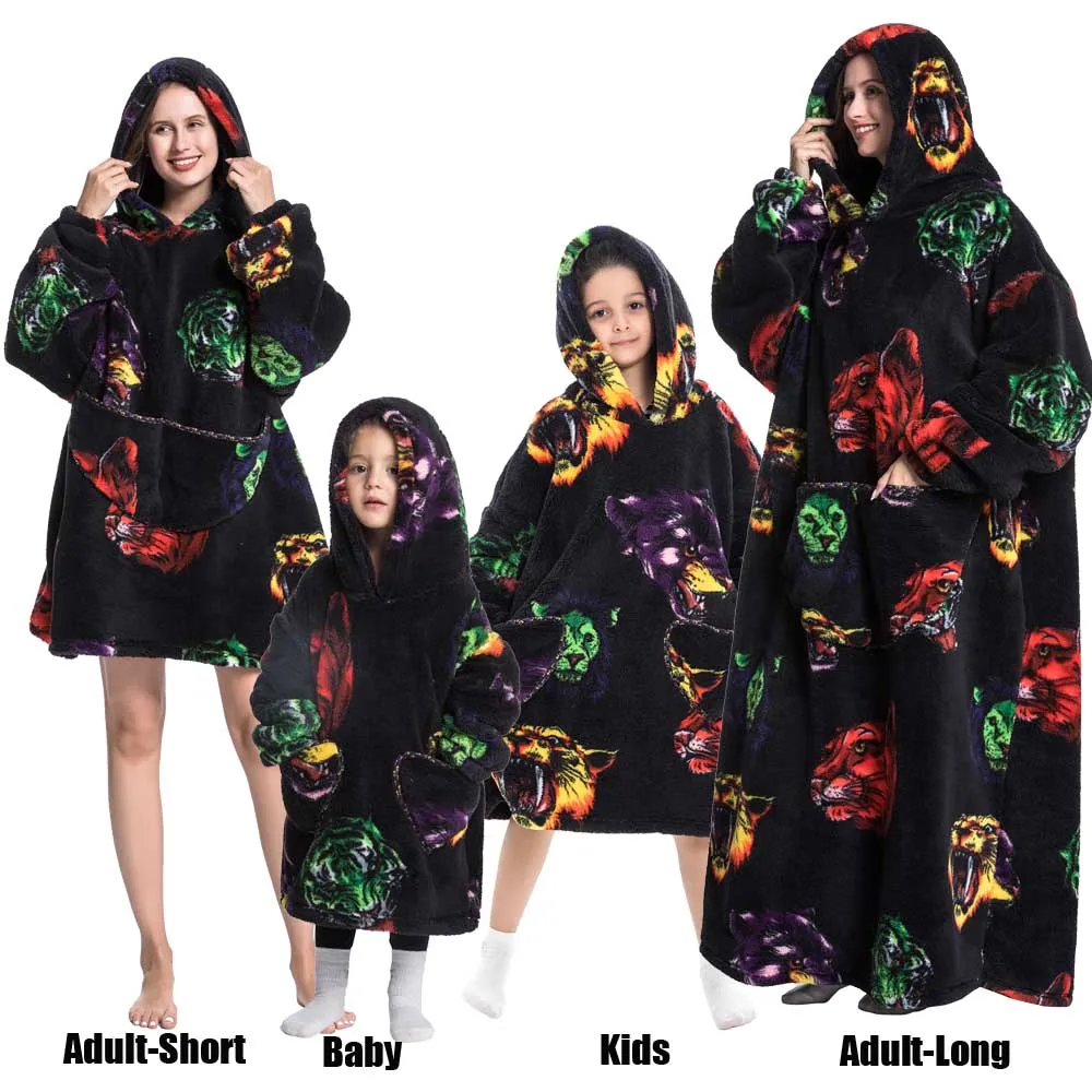 Winter Oversized Hoodies Sweatshirt Cute Cartoon Pizza Lion Panda Pullover Super Long Flannel Giant Lazy TV Blanket Pajamas