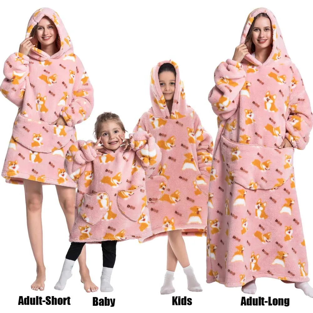 Winter Oversized Hoodies Sweatshirt Cute Cartoon Pizza Lion Panda Pullover Super Long Flannel Giant Lazy TV Blanket Pajamas