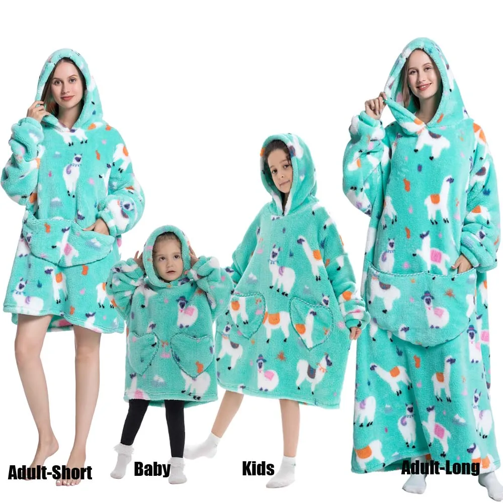 Winter Oversized Hoodies Sweatshirt Cute Cartoon Pizza Lion Panda Pullover Super Long Flannel Giant Lazy TV Blanket Pajamas