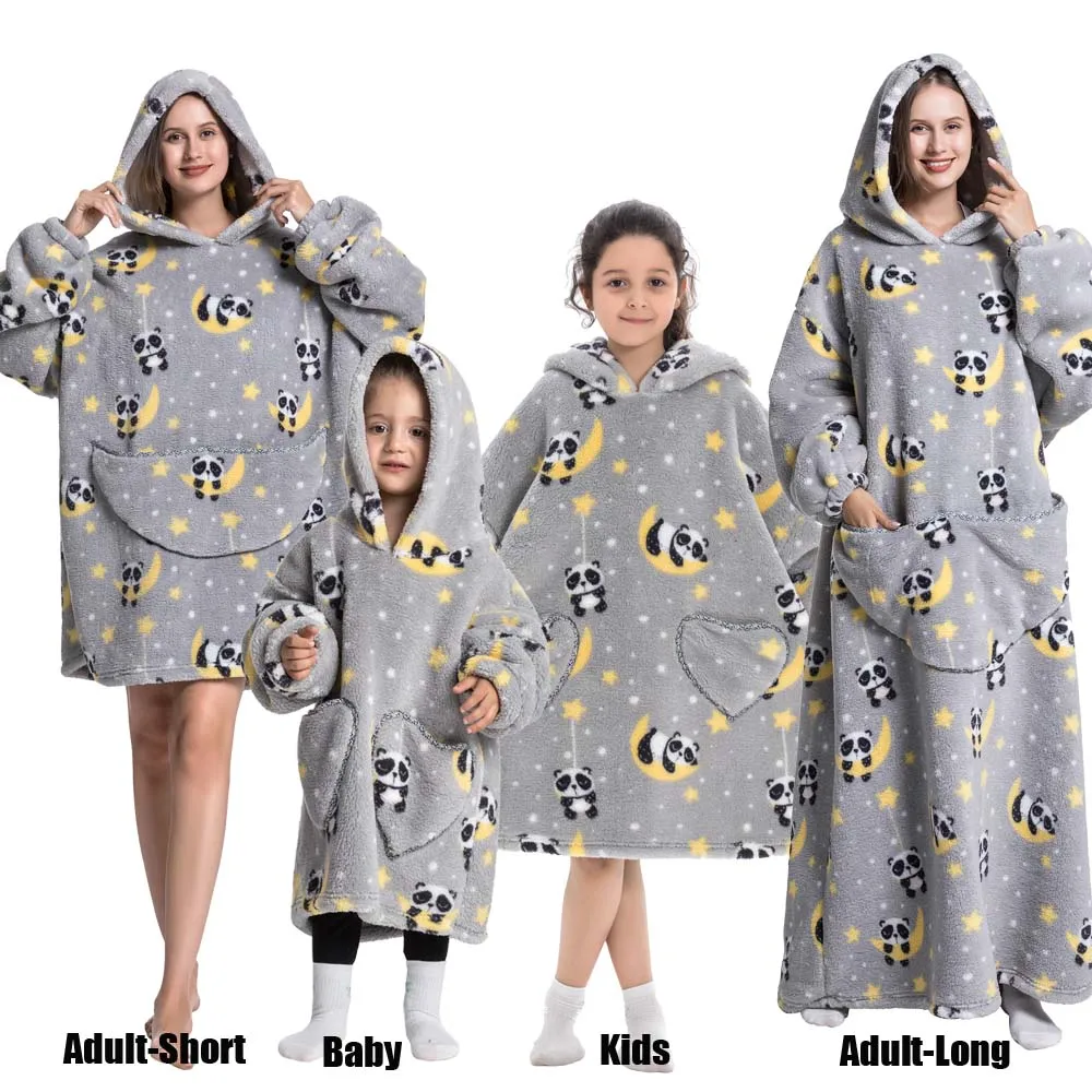 Winter Oversized Hoodies Sweatshirt Cute Cartoon Pizza Lion Panda Pullover Super Long Flannel Giant Lazy TV Blanket Pajamas