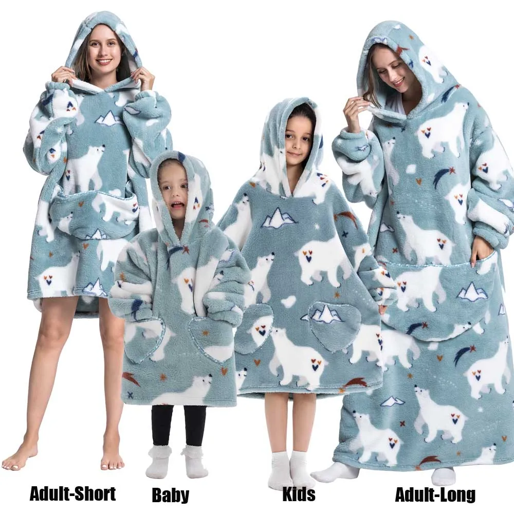 Winter Oversized Hoodies Sweatshirt Cute Cartoon Pizza Lion Panda Pullover Super Long Flannel Giant Lazy TV Blanket Pajamas