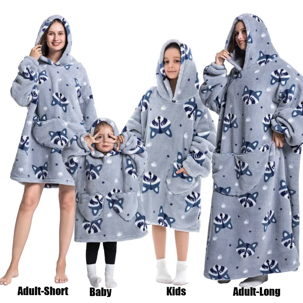 Winter Oversized Hoodies Sweatshirt Cute Cartoon Pizza Lion Panda Pullover Super Long Flannel Giant Lazy TV Blanket Pajamas