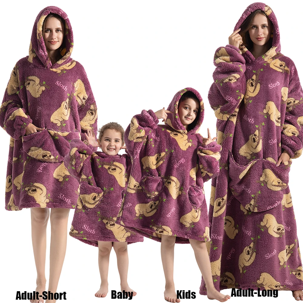 Winter Oversized Hoodies Sweatshirt Cute Cartoon Pizza Lion Panda Pullover Super Long Flannel Giant Lazy TV Blanket Pajamas