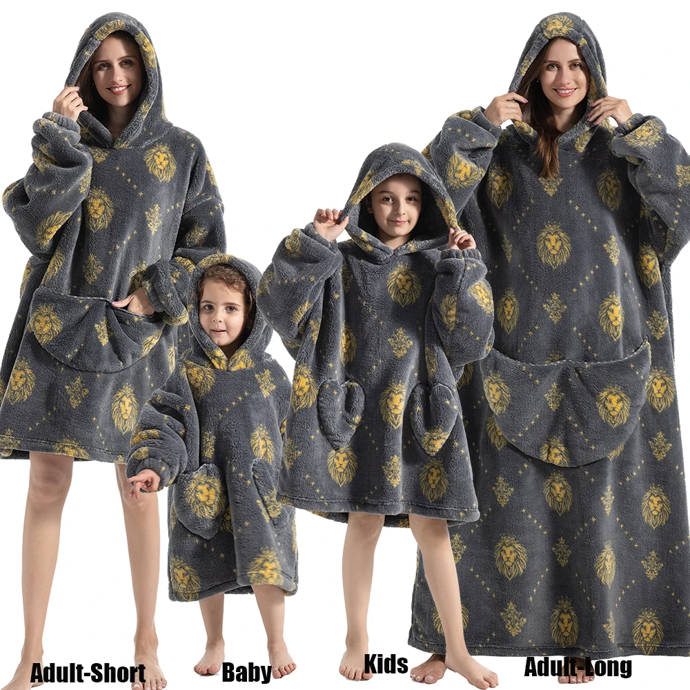 Winter Oversized Hoodies Sweatshirt Cute Cartoon Pizza Lion Panda Pullover Super Long Flannel Giant Lazy TV Blanket Pajamas