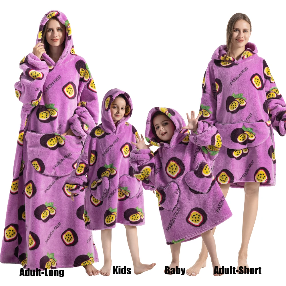 Winter Oversized Hoodies Sweatshirt Cute Cartoon Pizza Lion Panda Pullover Super Long Flannel Giant Lazy TV Blanket Pajamas