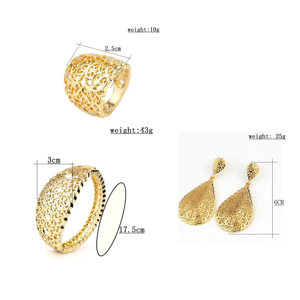 Sunspicems Gold Color Metal Arab Jewelry Set Hollow Bangle Earring Necklace Ring Wedding Bijoux Algeria Dubai Bridal Gifts