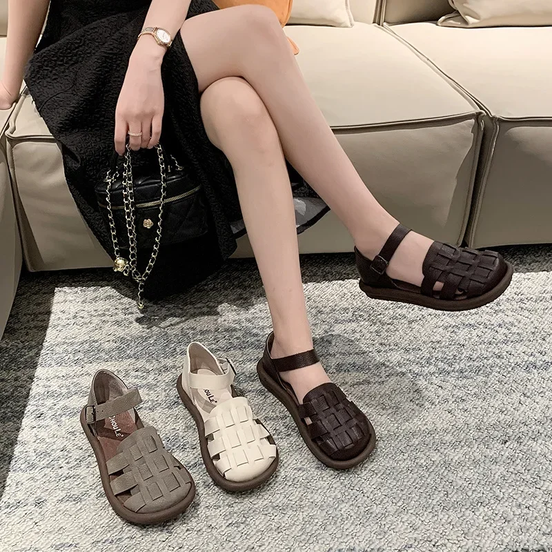 new Women's Summer Zapatillas De Mujer Shoes Square Toe Flat Sandals Leather Women Gladiator Sandals Slip on Ladies Beach Shoes