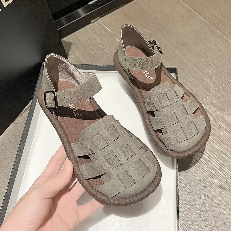new Women's Summer Zapatillas De Mujer Shoes Square Toe Flat Sandals Leather Women Gladiator Sandals Slip on Ladies Beach Shoes