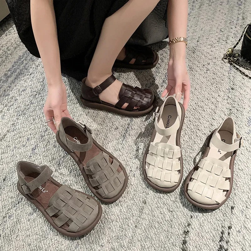 new Women's Summer Zapatillas De Mujer Shoes Square Toe Flat Sandals Leather Women Gladiator Sandals Slip on Ladies Beach Shoes