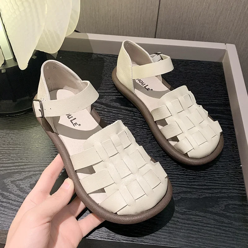 new Women's Summer Zapatillas De Mujer Shoes Square Toe Flat Sandals Leather Women Gladiator Sandals Slip on Ladies Beach Shoes