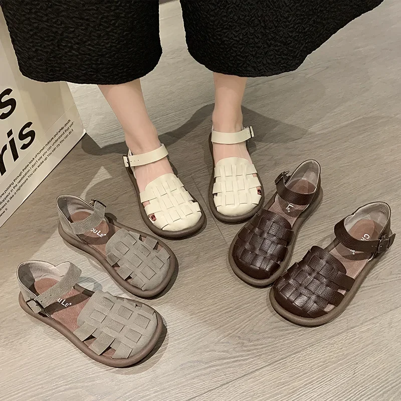 new Women's Summer Zapatillas De Mujer Shoes Square Toe Flat Sandals Leather Women Gladiator Sandals Slip on Ladies Beach Shoes