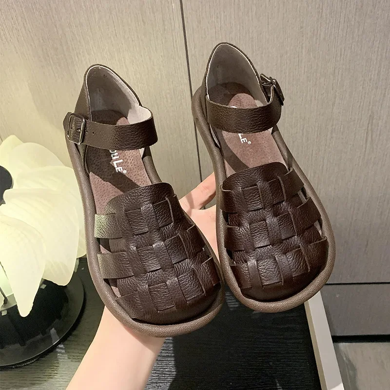 new Women's Summer Zapatillas De Mujer Shoes Square Toe Flat Sandals Leather Women Gladiator Sandals Slip on Ladies Beach Shoes