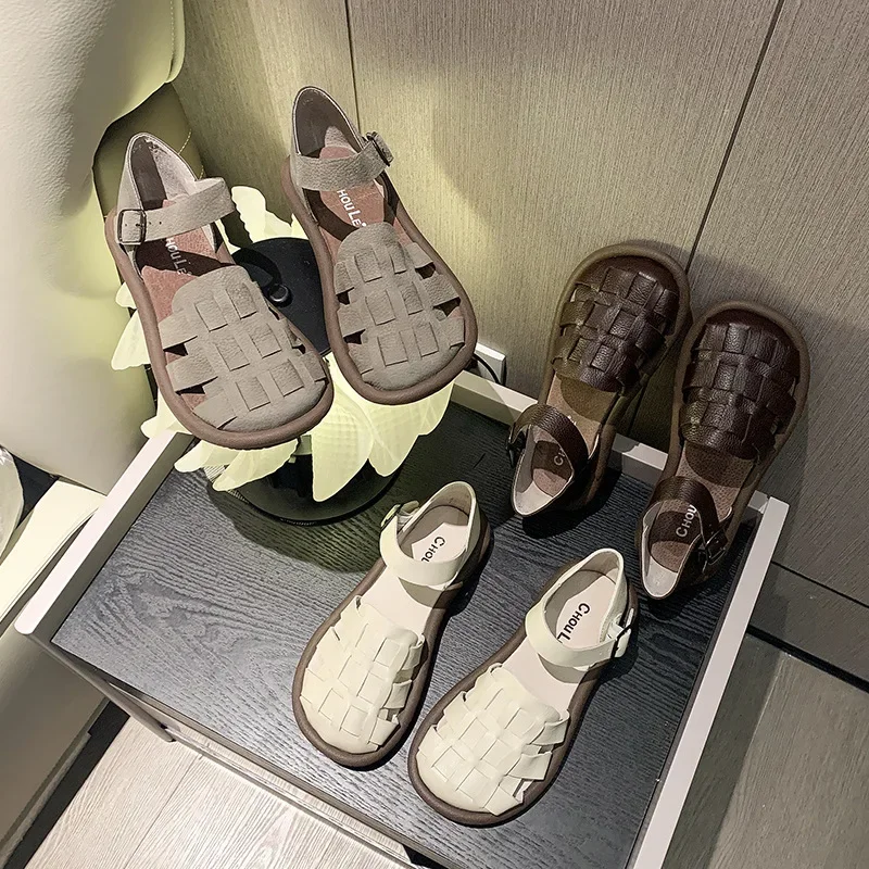 new Women's Summer Zapatillas De Mujer Shoes Square Toe Flat Sandals Leather Women Gladiator Sandals Slip on Ladies Beach Shoes