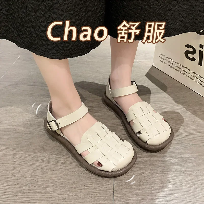 new Women's Summer Zapatillas De Mujer Shoes Square Toe Flat Sandals Leather Women Gladiator Sandals Slip on Ladies Beach Shoes
