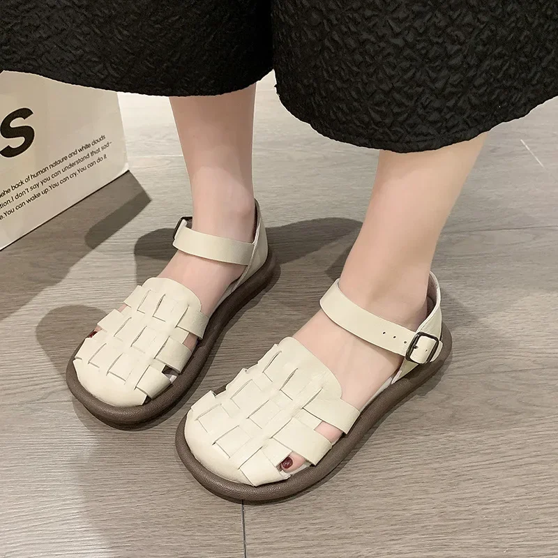 new Women's Summer Zapatillas De Mujer Shoes Square Toe Flat Sandals Leather Women Gladiator Sandals Slip on Ladies Beach Shoes