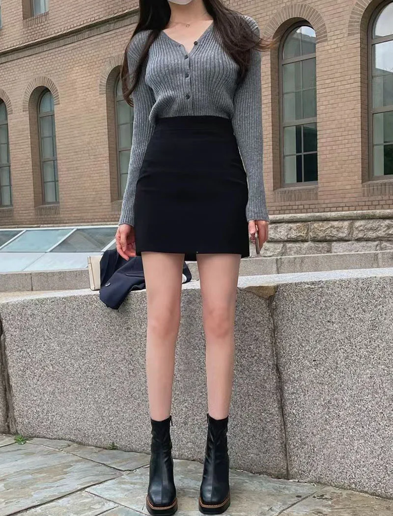 Xpqbb Black Gray Women's Mini Skirt Korean Fashion High Waist OL Office Package Hip Skirts Ladies Solid Simple Pencil Skirt