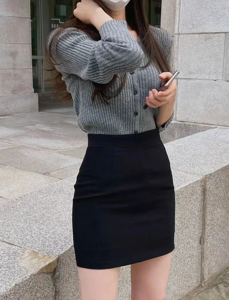 Xpqbb Black Gray Women's Mini Skirt Korean Fashion High Waist OL Office Package Hip Skirts Ladies Solid Simple Pencil Skirt