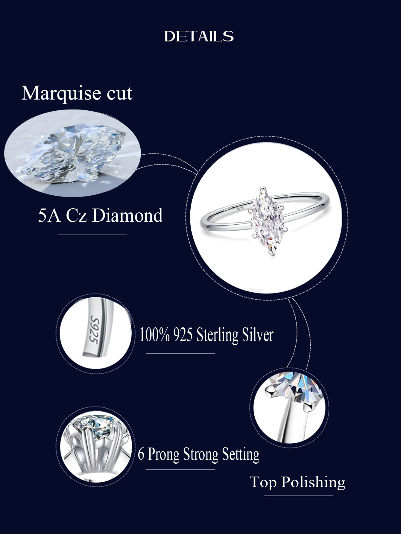 QooLady Fashion 925 Sterling Silver Marquise Cut Cubic Zircon Dazzling Wedding Engagement Rings for Women Fine Jewelry SE012