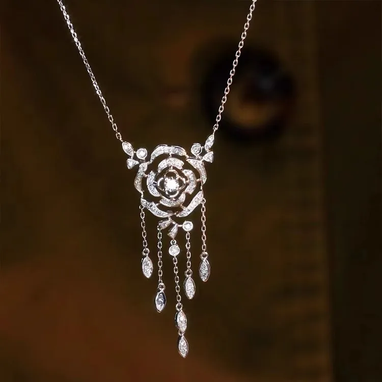 Newly Designed Hollow Rose Flower Tassels Necklace Earring Elegant Women's Silver Color Jewelry Accessories Valentine's Day Gift
