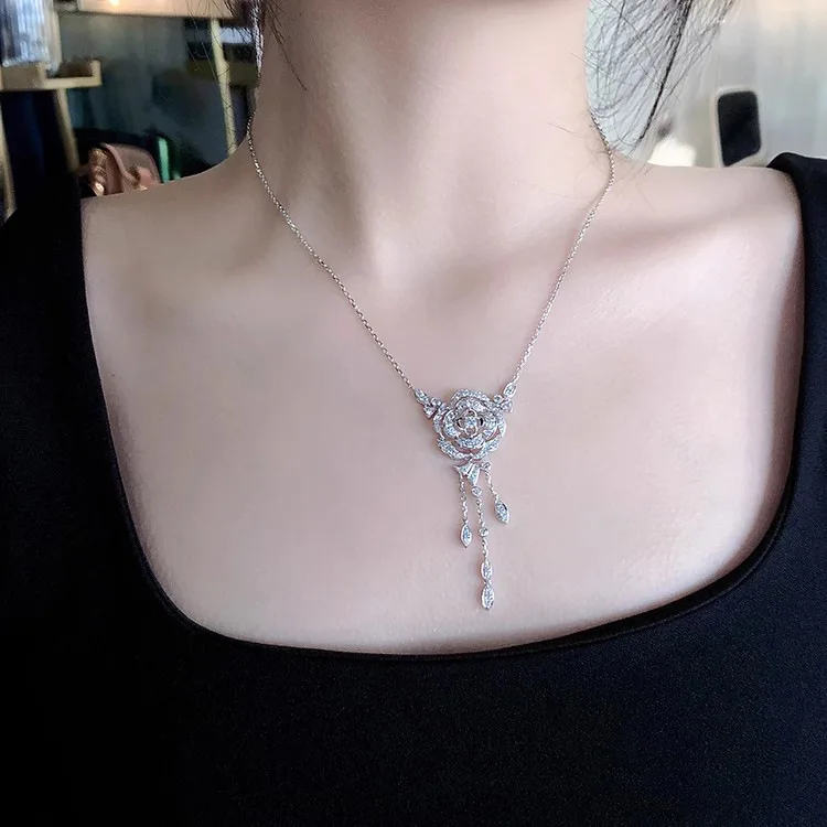 Newly Designed Hollow Rose Flower Tassels Necklace Earring Elegant Women's Silver Color Jewelry Accessories Valentine's Day Gift
