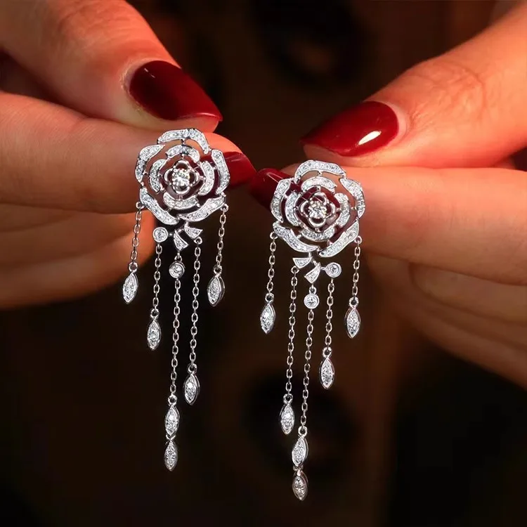 Newly Designed Hollow Rose Flower Tassels Necklace Earring Elegant Women's Silver Color Jewelry Accessories Valentine's Day Gift