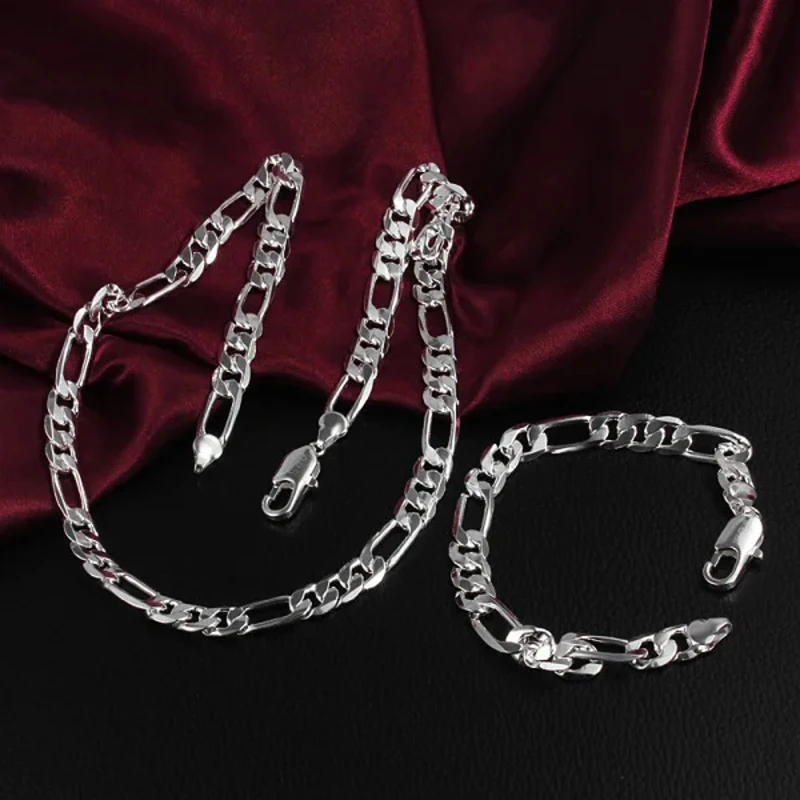 925 Sterling Silver Classic 8mm Geometric chain necklace bracelet Jewelry set for woman Men Party wedding fine fashion gifts