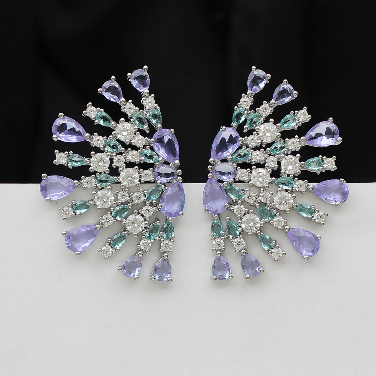 Luxury Jewelry Stud Earrings Cubic Zirconia Half Round Fanshaped Radial Stud Earrings Birthday Gift