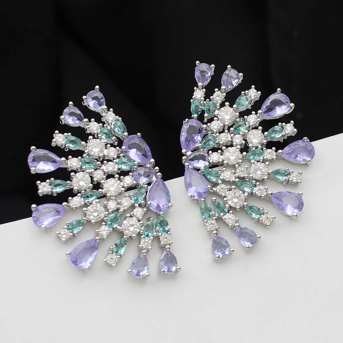 Luxury Jewelry Stud Earrings Cubic Zirconia Half Round Fanshaped Radial Stud Earrings Birthday Gift