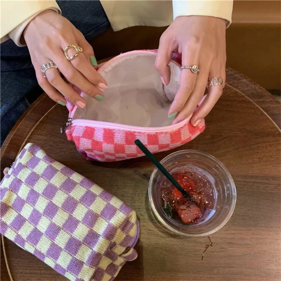 3PCS Checkered Makeup Bag,Travel Toiletry Bag Cute Makeup Brushes Bag Cosmetic Bags for Women Zipper Makeup Bags for Purse