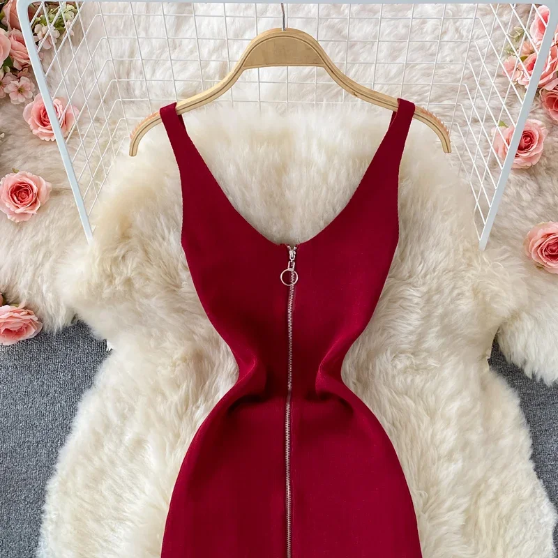 Zipple 2023 Sexy Summer Knit Strap Dress Women Tank Elatic Waist Bodycon Sundress Female Beach Split Backless Midi Dress