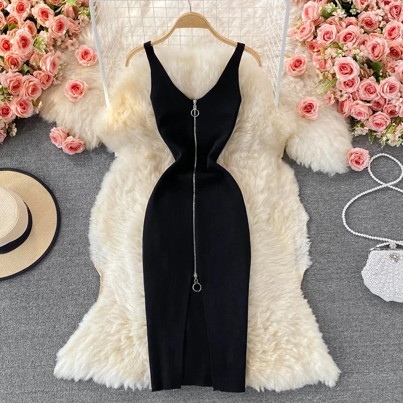 Zipple 2023 Sexy Summer Knit Strap Dress Women Tank Elatic Waist Bodycon Sundress Female Beach Split Backless Midi Dress