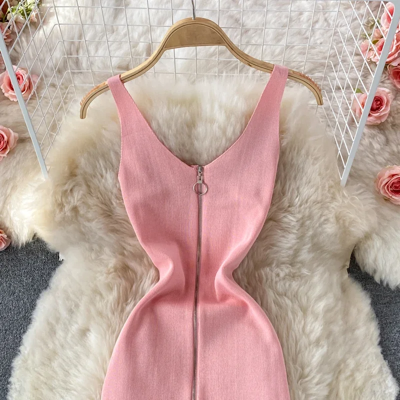 Zipple 2023 Sexy Summer Knit Strap Dress Women Tank Elatic Waist Bodycon Sundress Female Beach Split Backless Midi Dress