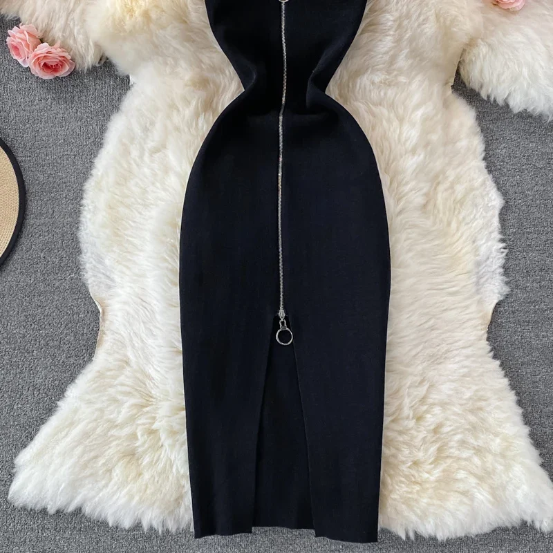Zipple 2023 Sexy Summer Knit Strap Dress Women Tank Elatic Waist Bodycon Sundress Female Beach Split Backless Midi Dress