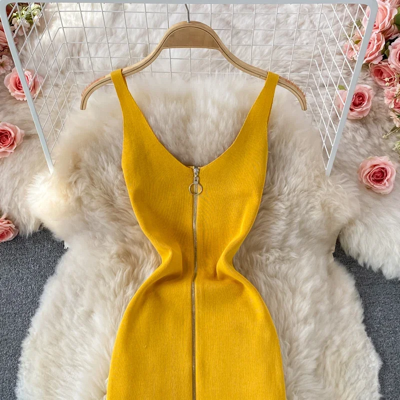 Zipple 2023 Sexy Summer Knit Strap Dress Women Tank Elatic Waist Bodycon Sundress Female Beach Split Backless Midi Dress