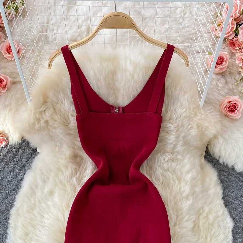 Zipple 2023 Sexy Summer Knit Strap Dress Women Tank Elatic Waist Bodycon Sundress Female Beach Split Backless Midi Dress