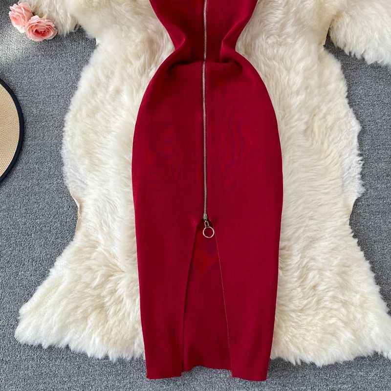 Zipple 2023 Sexy Summer Knit Strap Dress Women Tank Elatic Waist Bodycon Sundress Female Beach Split Backless Midi Dress