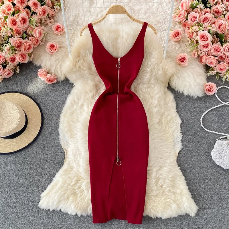 Zipple 2023 Sexy Summer Knit Strap Dress Women Tank Elatic Waist Bodycon Sundress Female Beach Split Backless Midi Dress