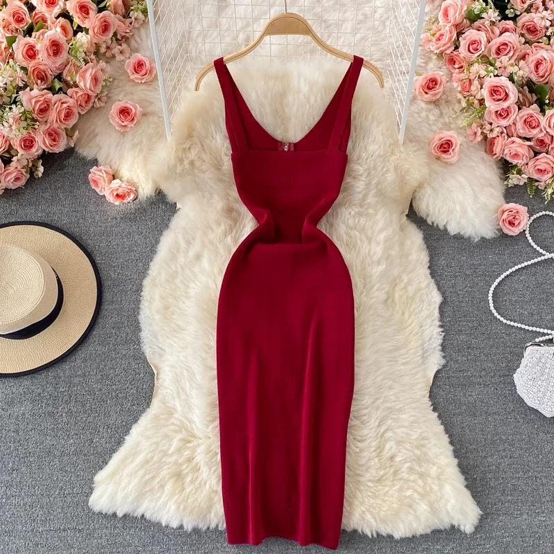 Zipple 2023 Sexy Summer Knit Strap Dress Women Tank Elatic Waist Bodycon Sundress Female Beach Split Backless Midi Dress