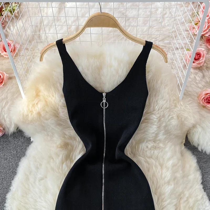 Zipple 2023 Sexy Summer Knit Strap Dress Women Tank Elatic Waist Bodycon Sundress Female Beach Split Backless Midi Dress