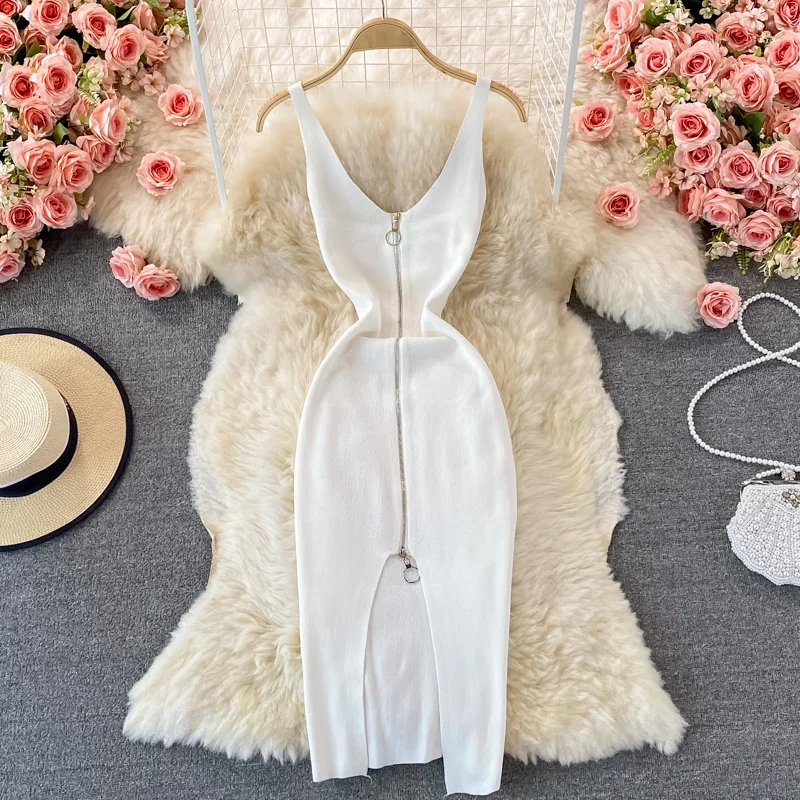 Zipple 2023 Sexy Summer Knit Strap Dress Women Tank Elatic Waist Bodycon Sundress Female Beach Split Backless Midi Dress