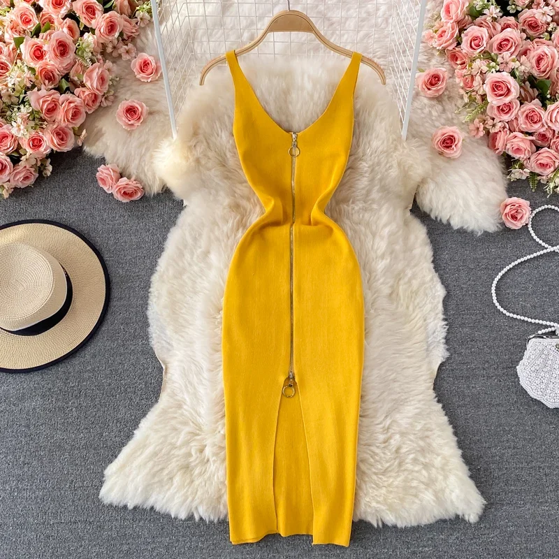 Zipple 2023 Sexy Summer Knit Strap Dress Women Tank Elatic Waist Bodycon Sundress Female Beach Split Backless Midi Dress