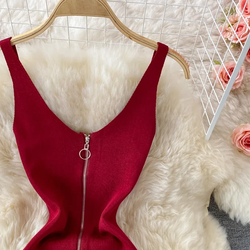 Zipple 2023 Sexy Summer Knit Strap Dress Women Tank Elatic Waist Bodycon Sundress Female Beach Split Backless Midi Dress