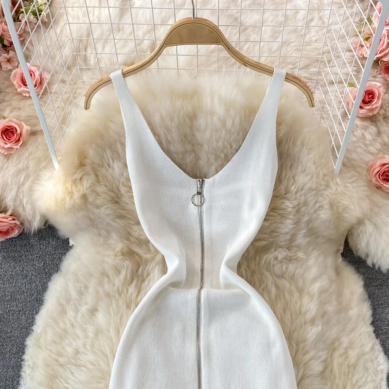 Zipple 2023 Sexy Summer Knit Strap Dress Women Tank Elatic Waist Bodycon Sundress Female Beach Split Backless Midi Dress