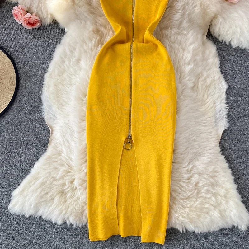 Zipple 2023 Sexy Summer Knit Strap Dress Women Tank Elatic Waist Bodycon Sundress Female Beach Split Backless Midi Dress