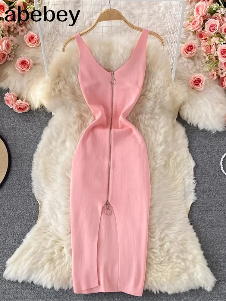 Zipple 2023 Sexy Summer Knit Strap Dress Women Tank Elatic Waist Bodycon Sundress Female Beach Split Backless Midi Dress
