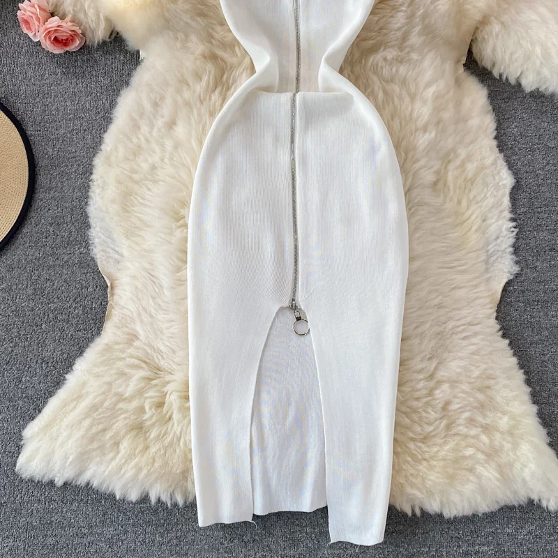 Zipple 2023 Sexy Summer Knit Strap Dress Women Tank Elatic Waist Bodycon Sundress Female Beach Split Backless Midi Dress